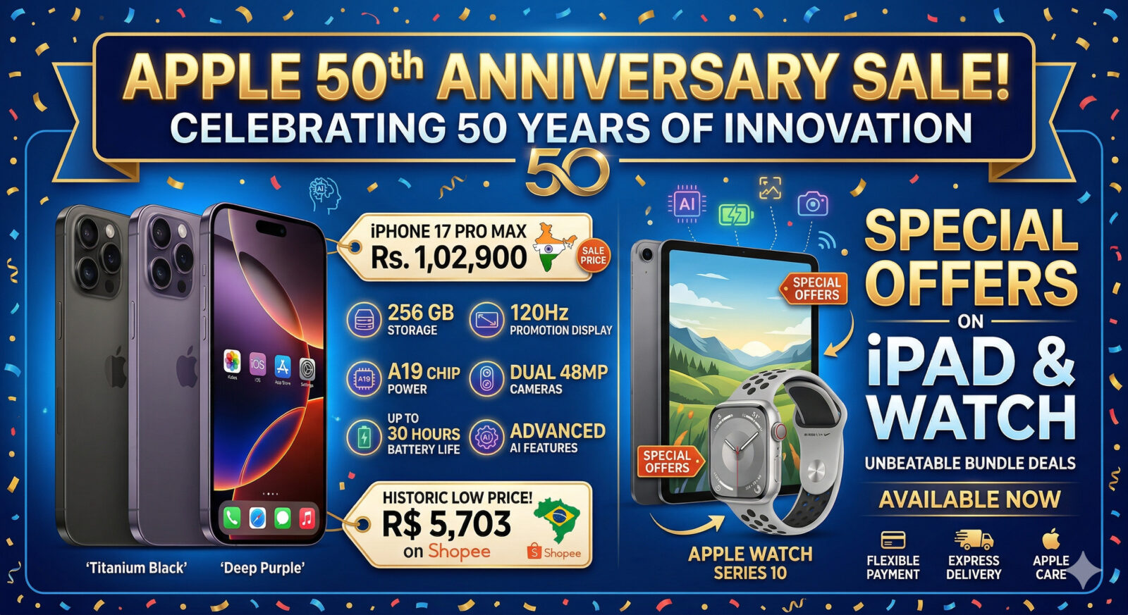 iPhone 17 Pro Max at Rs. 1,02,900 in Apple 50th Anniversary Sale; iPad, Watch Available With Offers  iPhone 17 reaches a historic low price with 256 GB, 120 Hz display, and drops to R$ 5,703 on Shopee, featuring A19 chip, dual 48 MP cameras, battery life of up to 30 hours, and advanced AI features.