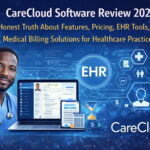 Healthcare software illustration showing a doctor, CareCloud dashboard, EHR icon, and billing tools representing CareCloud Software Review 2026 features and pricing analysis.