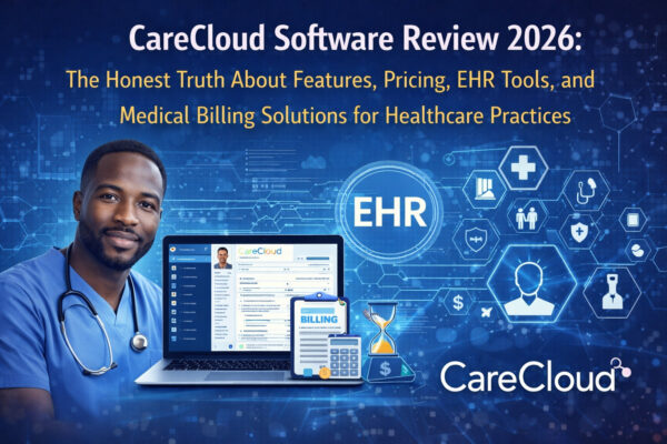 Healthcare software illustration showing a doctor, CareCloud dashboard, EHR icon, and billing tools representing CareCloud Software Review 2026 features and pricing analysis.