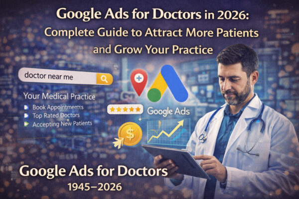 Doctor using digital marketing tools and Google Ads dashboard to attract more patients to a medical practice in 2026