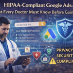 Doctor reviewing digital marketing data with HIPAA compliance and Google Ads security icons before launching a healthcare advertising campaign