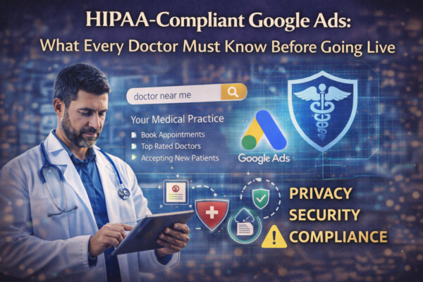 Doctor reviewing digital marketing data with HIPAA compliance and Google Ads security icons before launching a healthcare advertising campaign