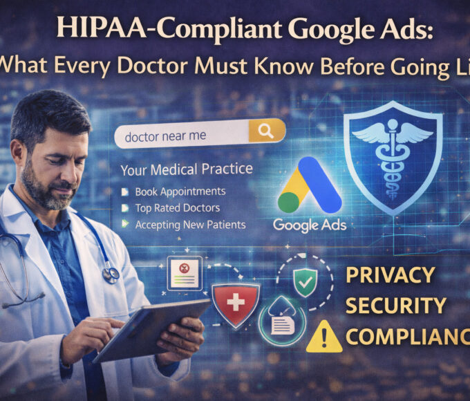 Doctor reviewing digital marketing data with HIPAA compliance and Google Ads security icons before launching a healthcare advertising campaign