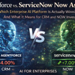 Comparison graphic showing Salesforce Agentforce vs ServiceNow Now Assist enterprise AI platforms with stock performance indicators for CRM and NOW investors.