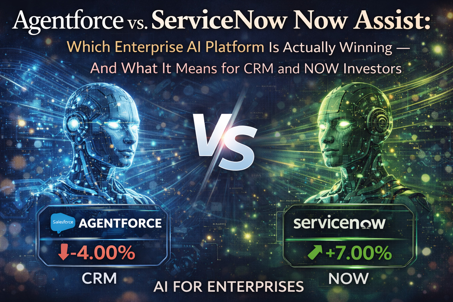 Comparison graphic showing Salesforce Agentforce vs ServiceNow Now Assist enterprise AI platforms with stock performance indicators for CRM and NOW investors.