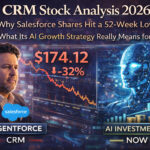 Stock market analysis graphic showing declining CRM shares of Salesforce hitting a 52-week low alongside visuals representing artificial intelligence investment and future growth strategy.