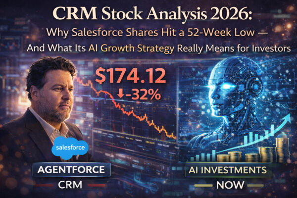 Stock market analysis graphic showing declining CRM shares of Salesforce hitting a 52-week low alongside visuals representing artificial intelligence investment and future growth strategy.