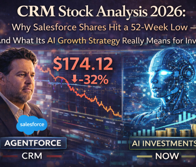 Stock market analysis graphic showing declining CRM shares of Salesforce hitting a 52-week low alongside visuals representing artificial intelligence investment and future growth strategy.