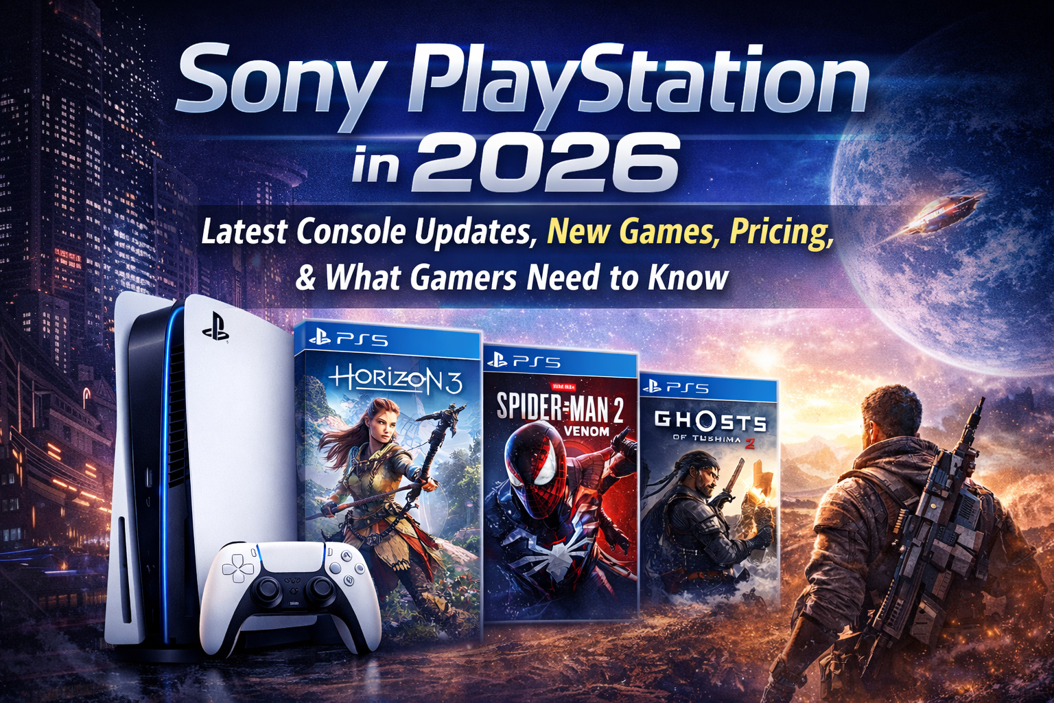 Sony PlayStation console and controller displayed with new 2026 video game titles and highlights about pricing, updates, and subscription plans for gamers