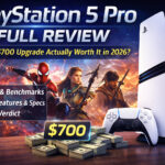 Sony PlayStation 5 Pro console and DualSense controller with gaming characters and $700 price tag illustrating a full review of performance, features, and value in 2026