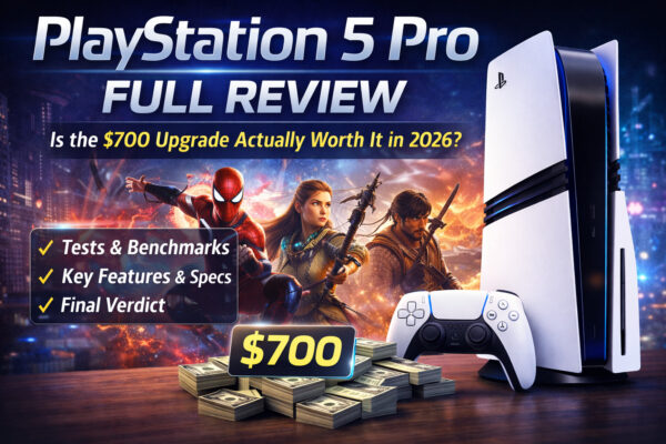 Sony PlayStation 5 Pro console and DualSense controller with gaming characters and $700 price tag illustrating a full review of performance, features, and value in 2026