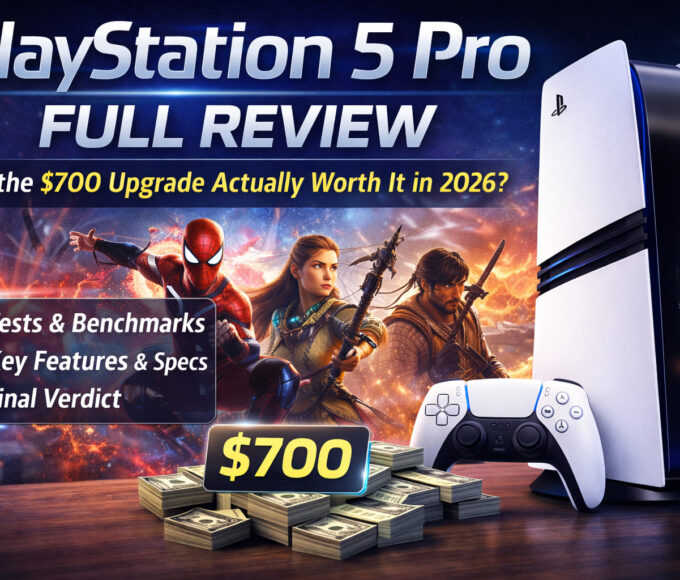 Sony PlayStation 5 Pro console and DualSense controller with gaming characters and $700 price tag illustrating a full review of performance, features, and value in 2026