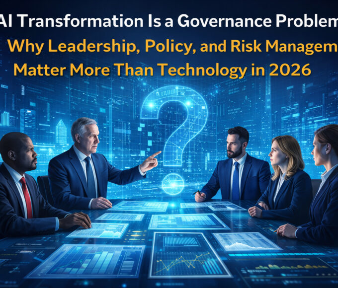 AI governance leaders discussing policy, risk management, and AI transformation strategy in a modern boardroom setting in 2026