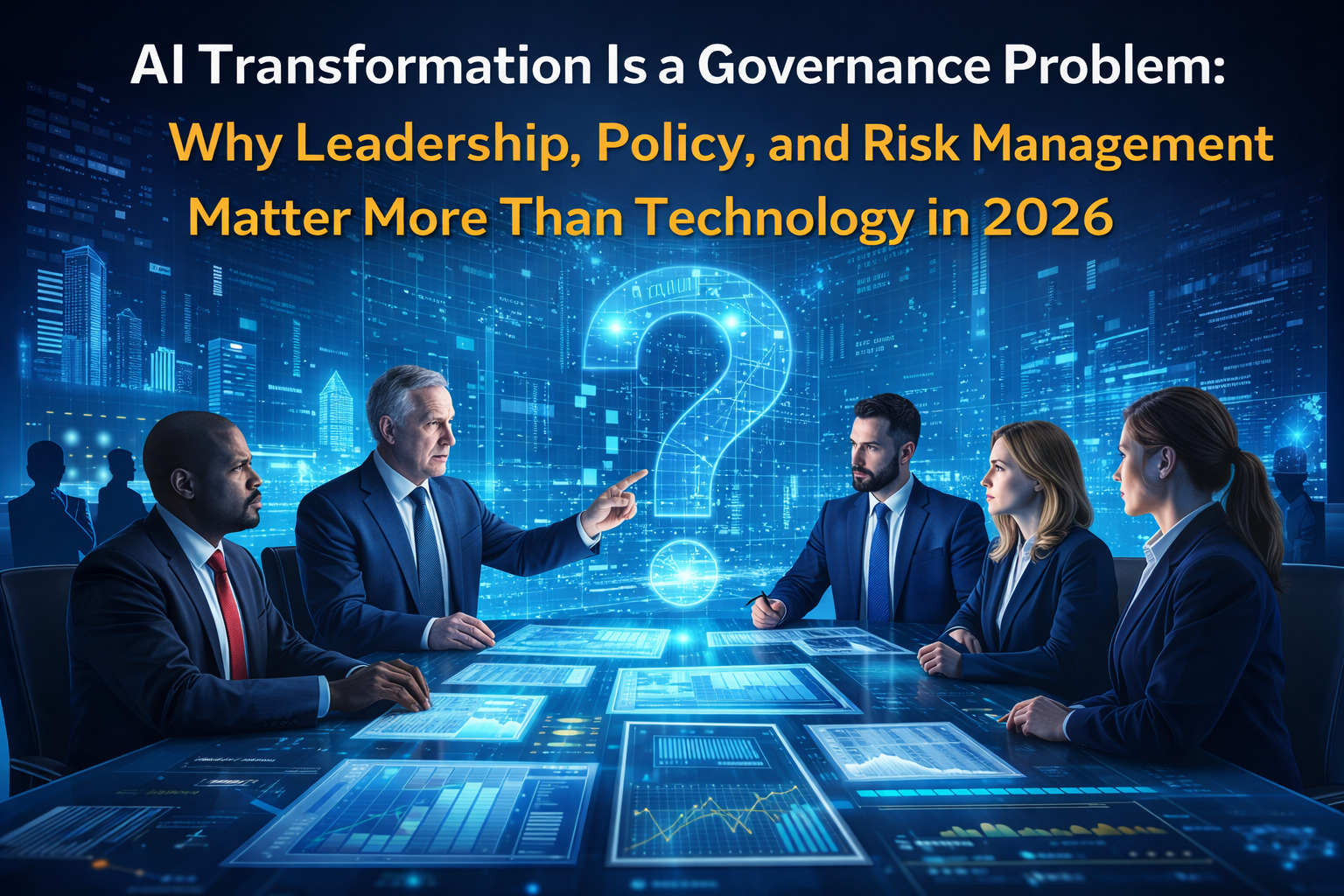 AI governance leaders discussing policy, risk management, and AI transformation strategy in a modern boardroom setting in 2026