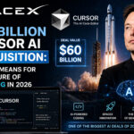 SpaceX rocket launch and Cursor AI coding interface illustrating the planned $60 billion acquisition and the future of AI coding technology in 2026