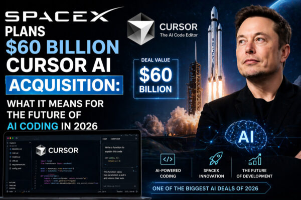 SpaceX rocket launch and Cursor AI coding interface illustrating the planned $60 billion acquisition and the future of AI coding technology in 2026
