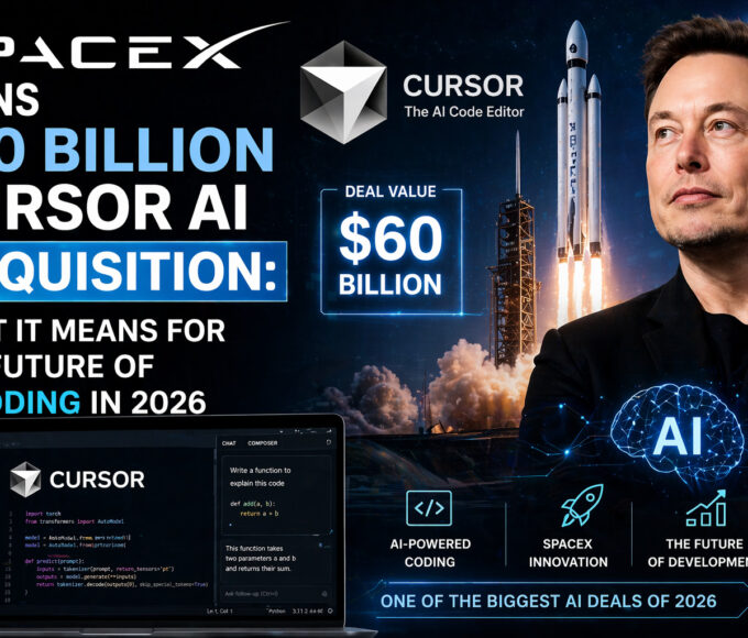 SpaceX rocket launch and Cursor AI coding interface illustrating the planned $60 billion acquisition and the future of AI coding technology in 2026