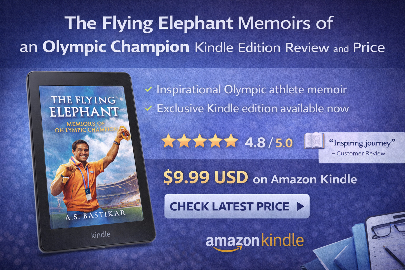The Flying Elephant Memoirs of an Olympic Champion Kindle edition review and price displayed on Kindle e-reader with book cover and rating