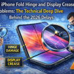 Apple iPhone Fold showing hinge damage and display crease problems being inspected by engineers amid technical issues causing potential 2026 release delays