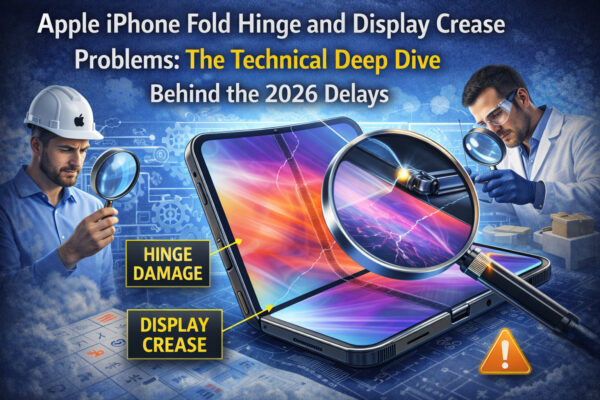 Apple iPhone Fold showing hinge damage and display crease problems being inspected by engineers amid technical issues causing potential 2026 release delays