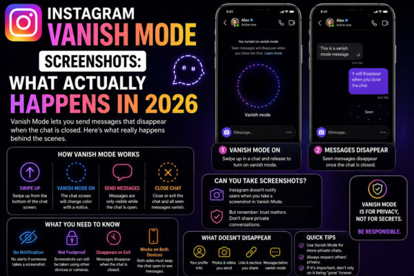 Infographic explaining Instagram Vanish Mode screenshots, how disappearing messages work, and what happens in 2026