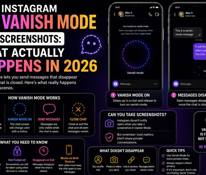 Infographic explaining Instagram Vanish Mode screenshots, how disappearing messages work, and what happens in 2026