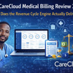 Healthcare billing illustration showing doctor, CareCloud billing dashboard, revenue cycle metrics, and financial icons representing CareCloud Medical Billing Review 2026.