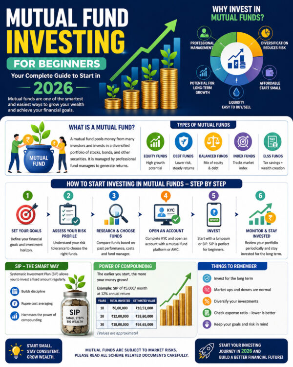 Infographic showing mutual fund investing basics for beginners with growth chart, portfolio icons, and step-by-step guide for 2026