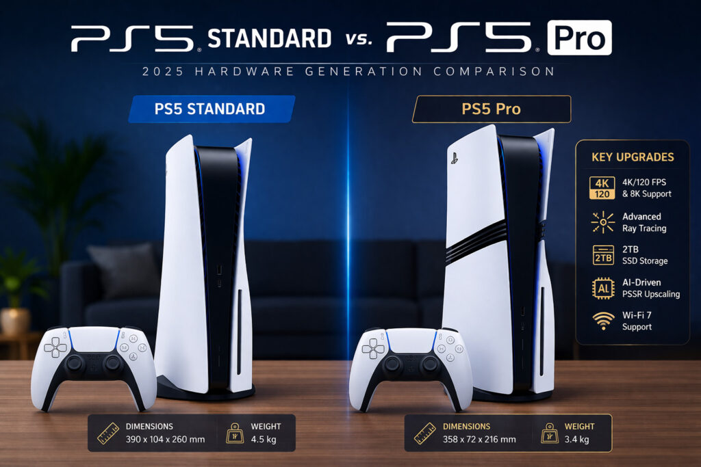 Sony PS5 standard edition vs PS5 Pro console comparison showing side-by-side design, controller, and hardware differences for the 2025 gaming generation